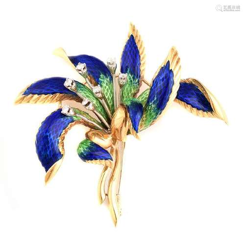 Diamond, Enamel, 18k Gold Flower Brooch.