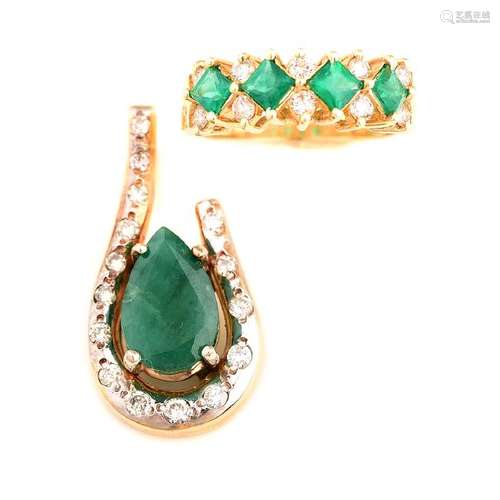 Emerald, Diamond, 14k Yellow Gold Jewelry Suite.