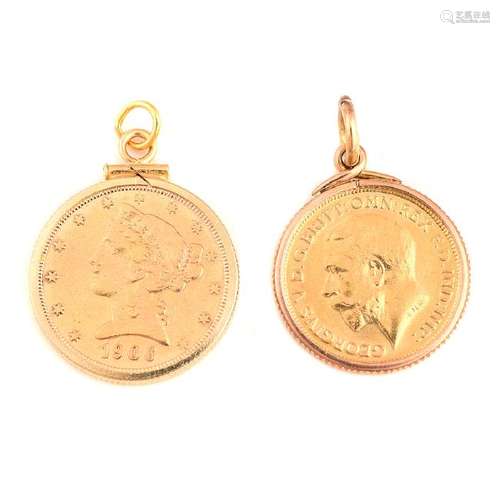 Collection of Two Gold Coin, 14k Yellow Gold Charms.