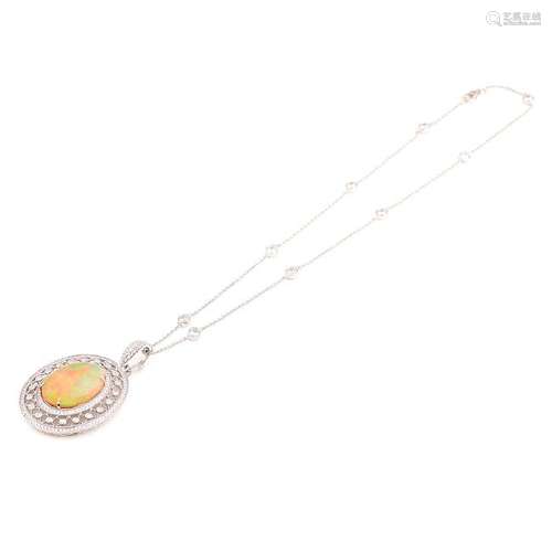 Opal, Diamond, 14k White Gold Pendant Enhancer.