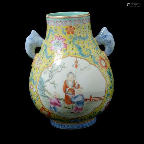 Chinese Famille Rose Yellow Ground Hu-Form Vessel