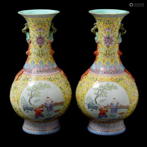 Pair of Chinese Famille Jaune Baluster Vases