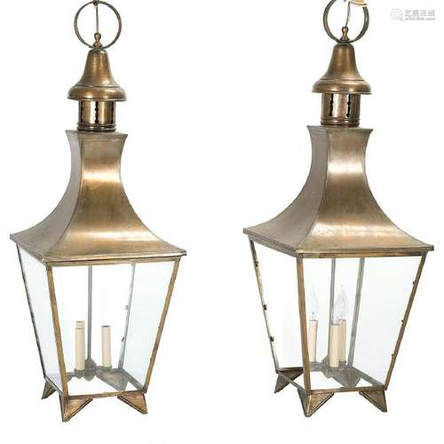 Regency-Style Pair of Brass and Glass Hall Lanterns