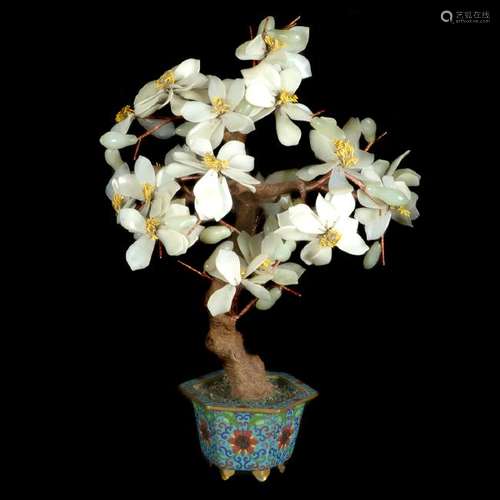 Chinese Hardstone Tree with Cloisonne Jardinere