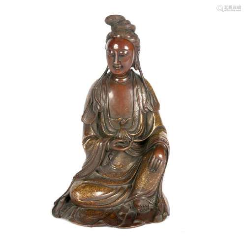 Chinese Gold Flecked Patinated Bronze Seated Guanyin