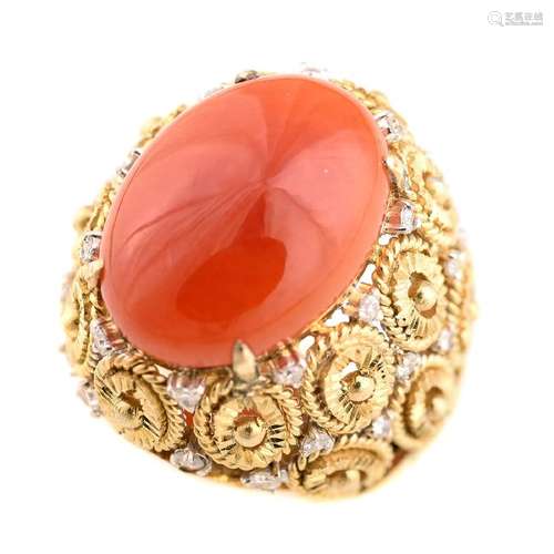 Red Jade, Diamond, 14k Yellow Gold Ring.