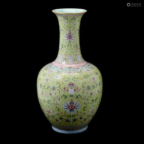 Chinese Famille Rose Acid-Green Ground Porcelain Vase