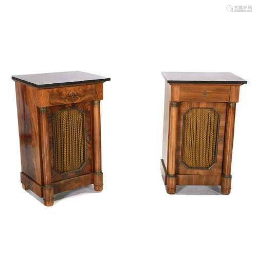 Empire-Style Mahogany Pair of Marble Top Cabinets