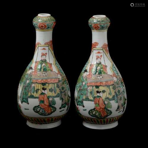 Pr of Chinese Famille Verte Garlic Head Vases