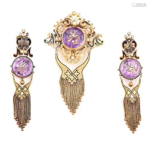 Victorian Amethyst, Black Enamel, Pearl, 14k Yellow