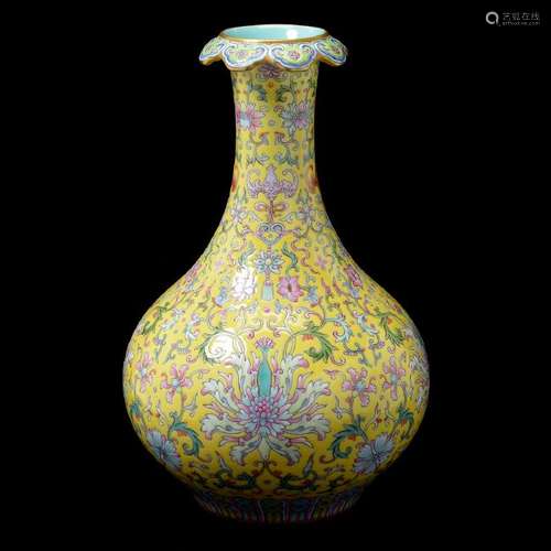 Chinese Famille Rose Yellow Ground Porcelain Vase