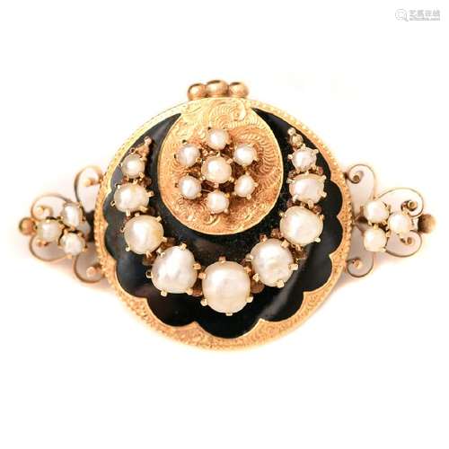 Victorian Pearl, Enamel, 14k Yellow Gold Brooch.