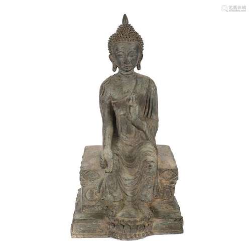 Large Thai Patinated Bronze Enthroned Buddha