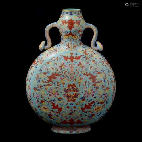 Chinese Famille Rose Turquoise Ground Moon Flask