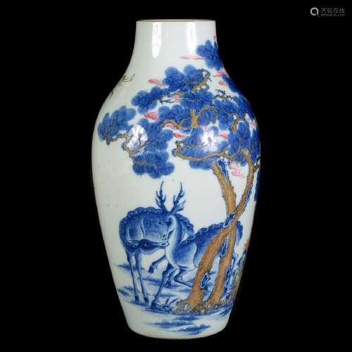 Chinese Blue and White Porcelain Ovoid Deer Vase