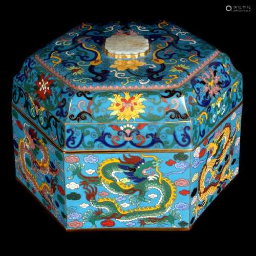 Chinese Hexagonal Cloisonne Box with Jade Plaque