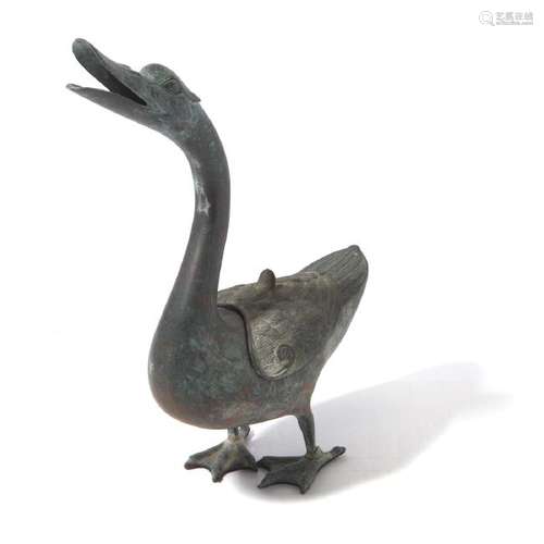 Chinese Patinated-Bronze Goose Censer and Cover