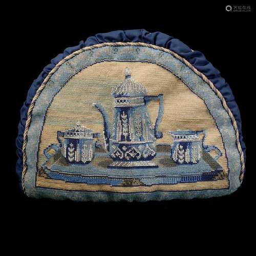 Fine Edwardian Blue & White Hand-Sewn Beadwork Tea Cozy