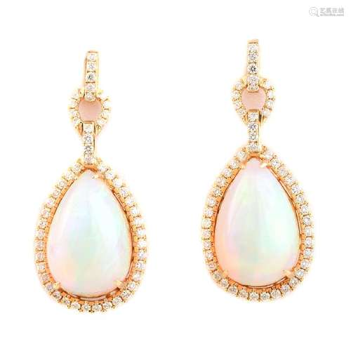 Pair of Opal, Diamond, 14k Yellow Gold Earrings.