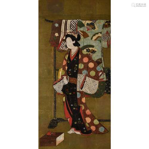 Large Japanese Painting of a Standing Geisha