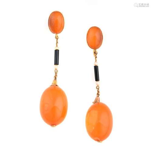 Pair of Amber, Seed Pearl, Black Onyx, 14k Yellow Gold