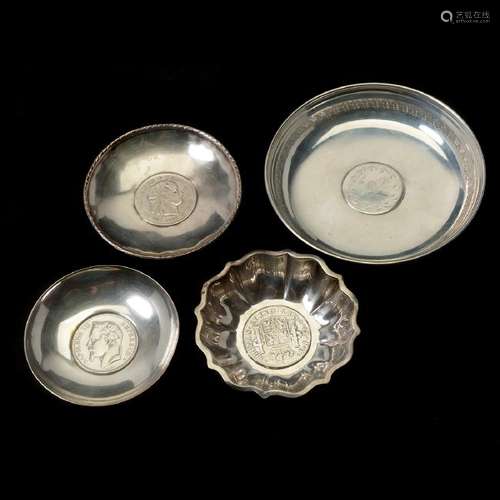 Four Small Silver Bowls with Embedded Coins