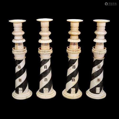 Four Carved Bone Anglo-Indian Candlesticks