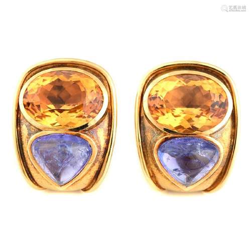 Pair of Leo de Vroomen Citrine, Tanzanite, 18k Yellow