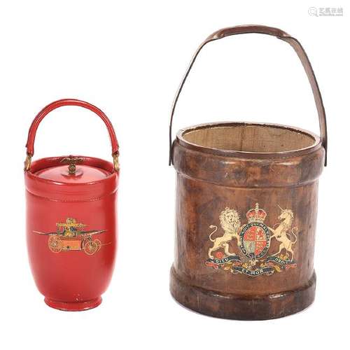 Two English Paint Decorated Leather Mounted Fire