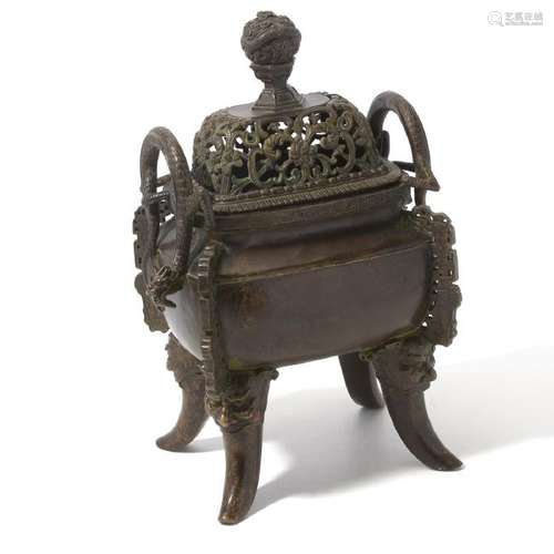 Chinese Patinated-Bronze Censer with Pierced Cover