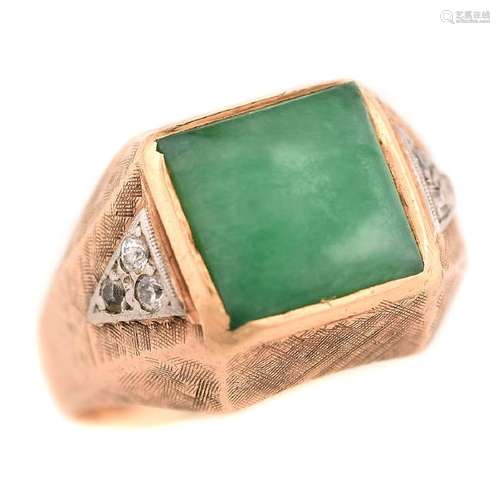 Men's Jade, Diamond, 14k Yellow Gold Ring.