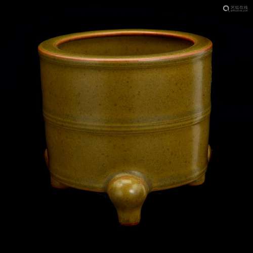 Small Chinese Tea Dust Glazed Porcelain Tripod Censer