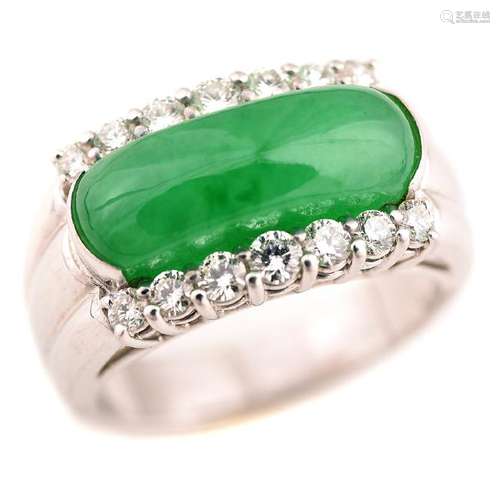 Jadeite Jade, Diamond, 18k White Gold Saddle Ring.