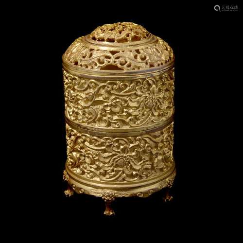 Chinese Reticulated Gilt-Bronze Two-Tier Censer