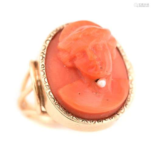 *Coral Cameo, Seed Pearl, 10k Yellow Gold Ring.