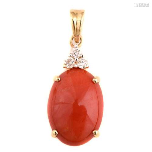 *Coral, Diamond, 14k Yellow Gold Pendant.