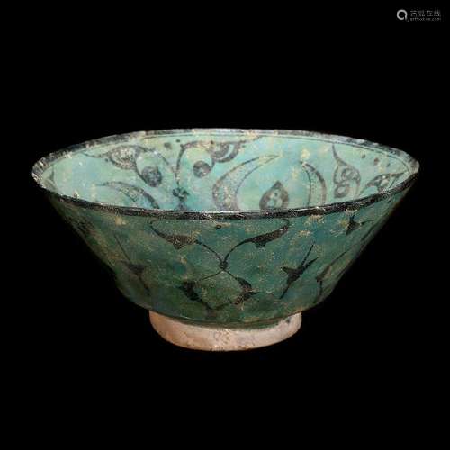 Medieval Persian Kashan Turquoise-Glazed Conical Bowl