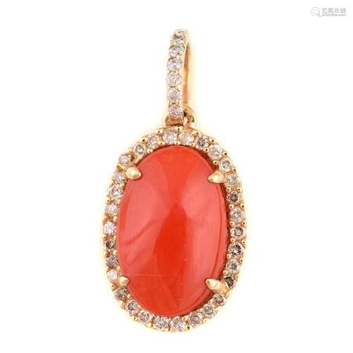 *Coral, Diamond, 14k Yellow Gold Pendant.