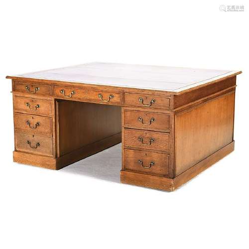 George III Style Oak and Leather Inset Partners' Desk