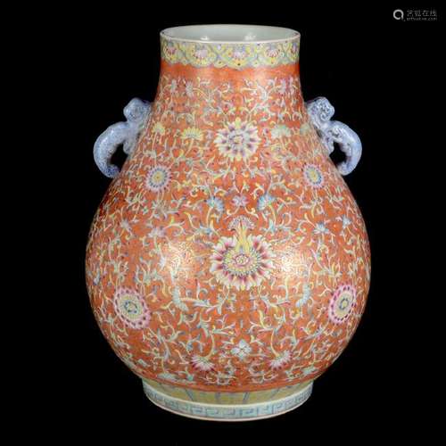 Large Chinese Tangerine-Ground Hu-Form Vase