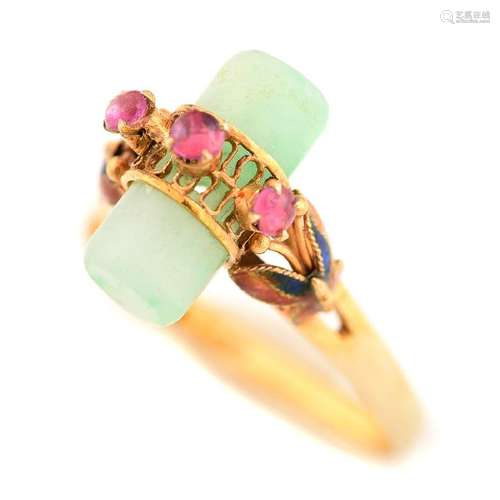 Jade, Ruby, Enamel, 14k Yellow Gold Ring.