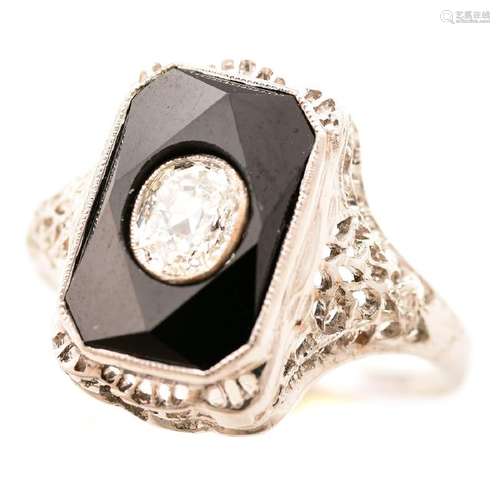 Art Deco Depression Era Diamond, Black Onyx, 18k White