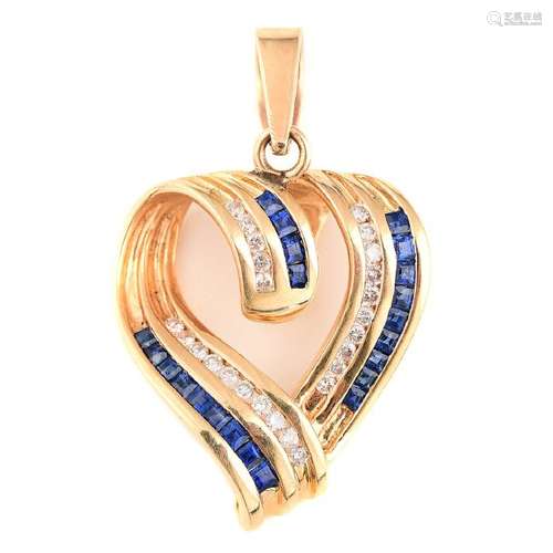 Synthetic Sapphire, Diamond, 14k Yellow Gold Heart