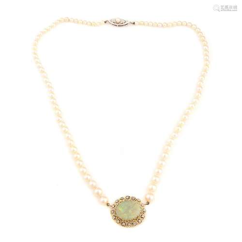 Opal, Diamond, Cultured Pearl, 14k Gold Necklace.