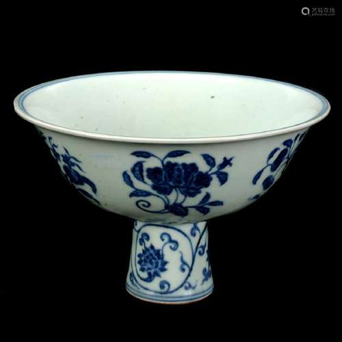 Chinese Blue and White Fruit & Flowers Stem Bowl