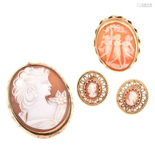 Shell Cameo, 14k Yellow Gold Jewelry Suite.