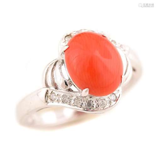 *Coral, Diamond, 14k White Gold Ring.