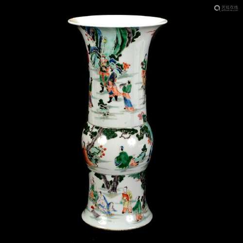 Large Chinese Wucai Enameled Porcelain Gu Form Vase