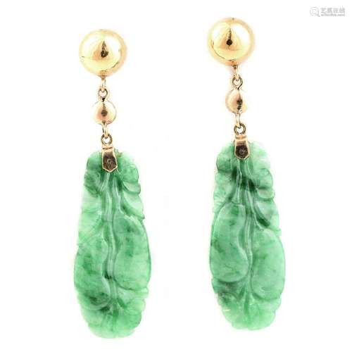 Pair of Jade, 14k Yellow Gold Earrings.