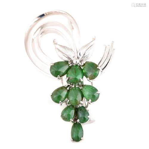 Jade, 14k White Gold Spray Brooch.